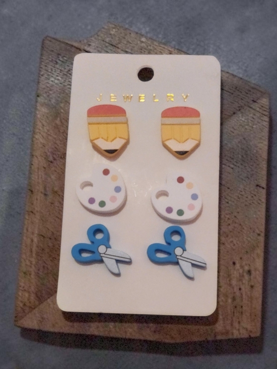 Jewelry - Cute Earring Set - Pencil, Paint Palette & Scissors (Blue, Yellow, White)